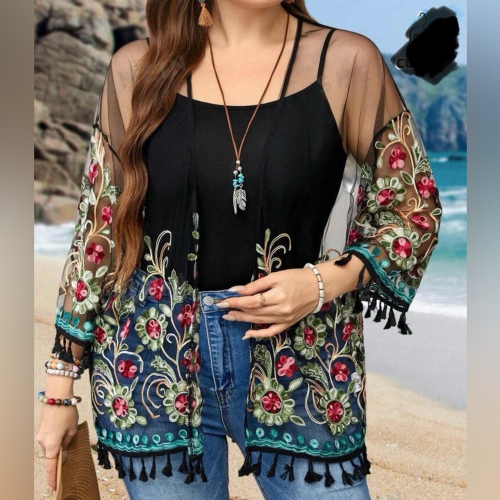 XL Floral Black Kimono with tassels Brand New